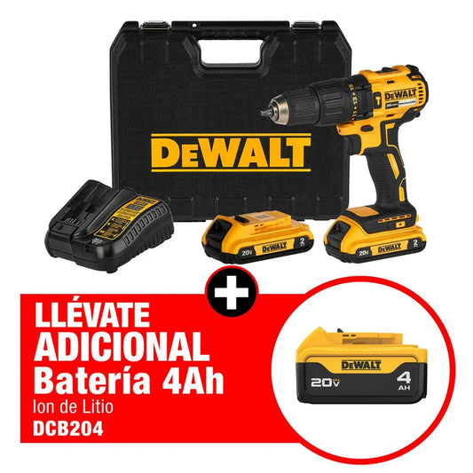 Kit 20V Taladro Perc Brushless 1/2" + 2 Bat 2Ah + Cargador + Maleta plástica+ Adicional 1 Bat 4 Ah Dewalt